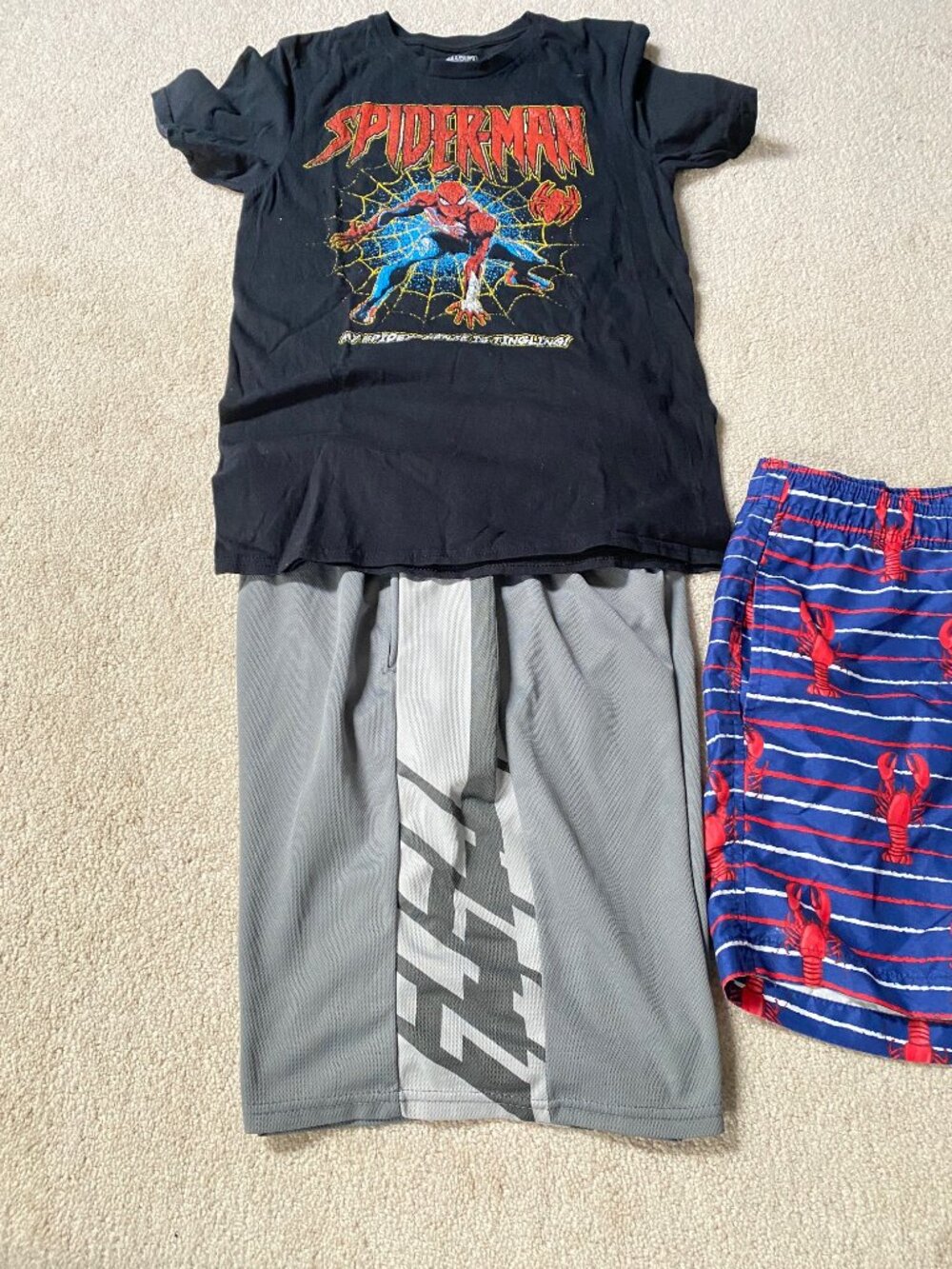 Boys Size 16-18  Swim , Basketball Shorts , Spiderman T-Shirt  Sneakers 5.5